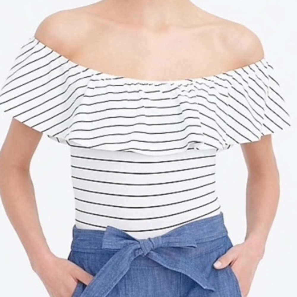 J Crew Black White Stripe Off the Shoulder Ruffle Bodysuit Jersey Knit NWOT